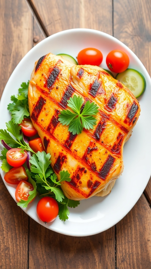 Grilled chicken breast garnished with parsley on a plate with a fresh salad.